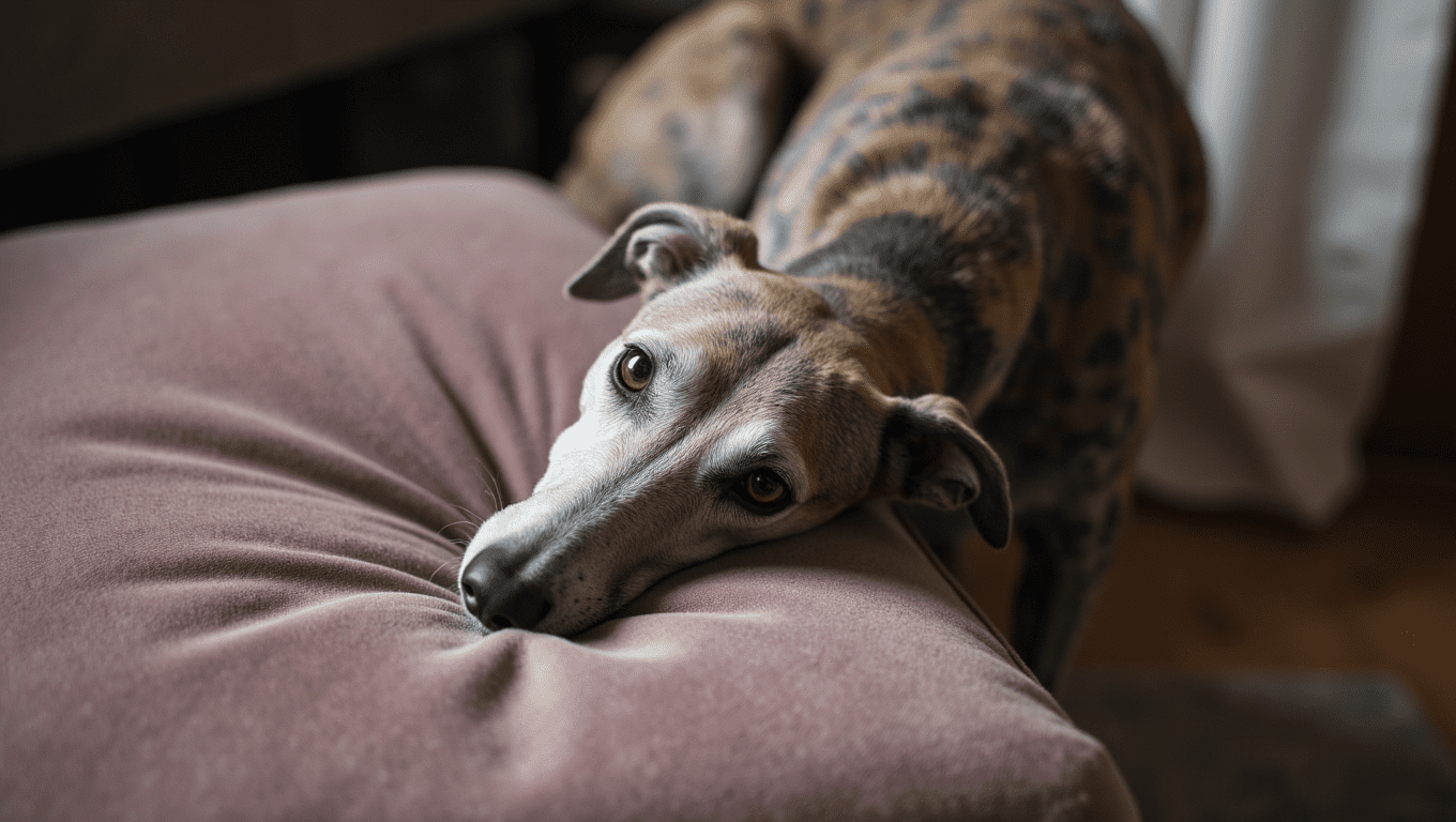 Greyhound sitting calmly outdoors, showcasing their gentle and relaxed posture.