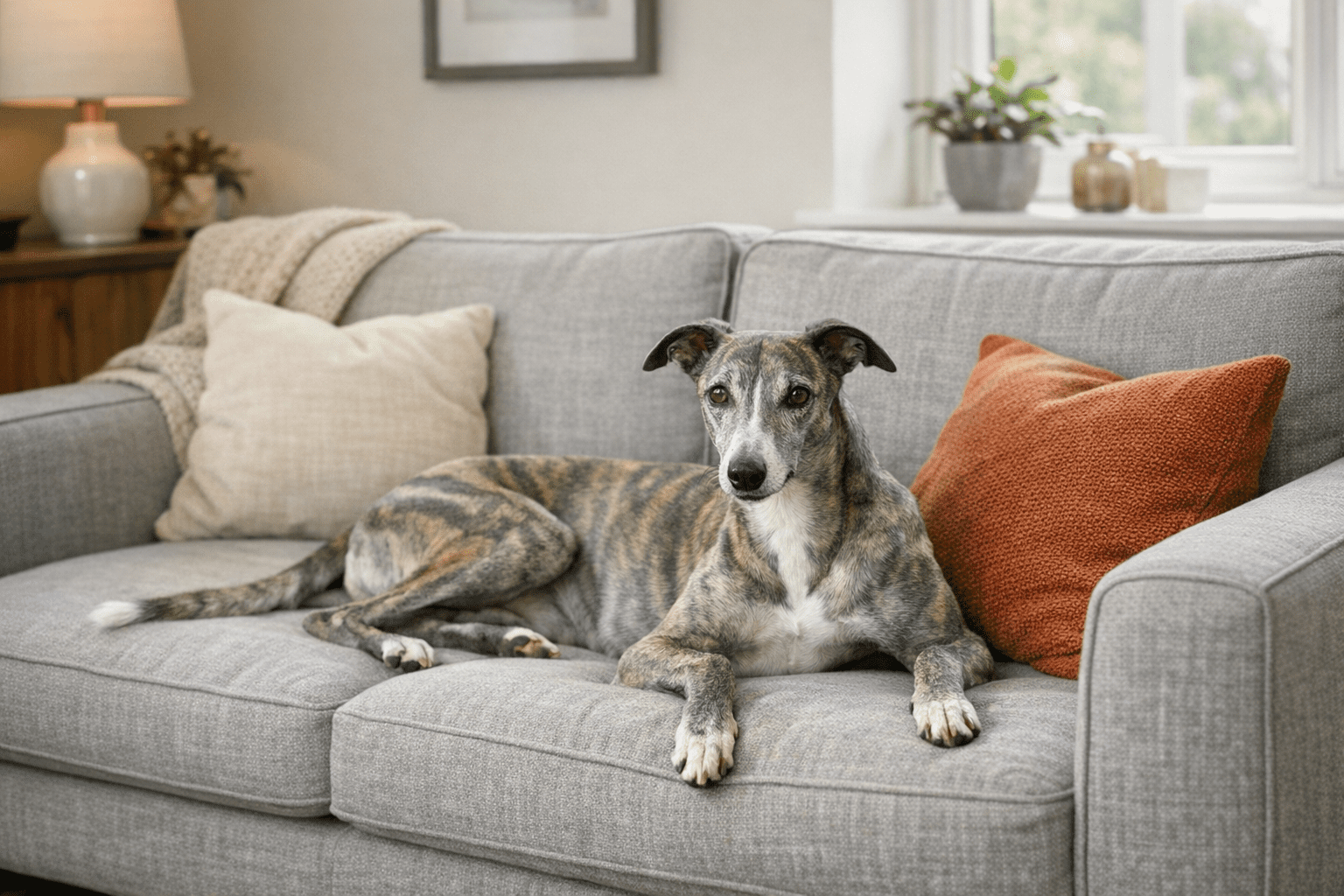 Greyhound relaxing on sofa showing minimal shedding