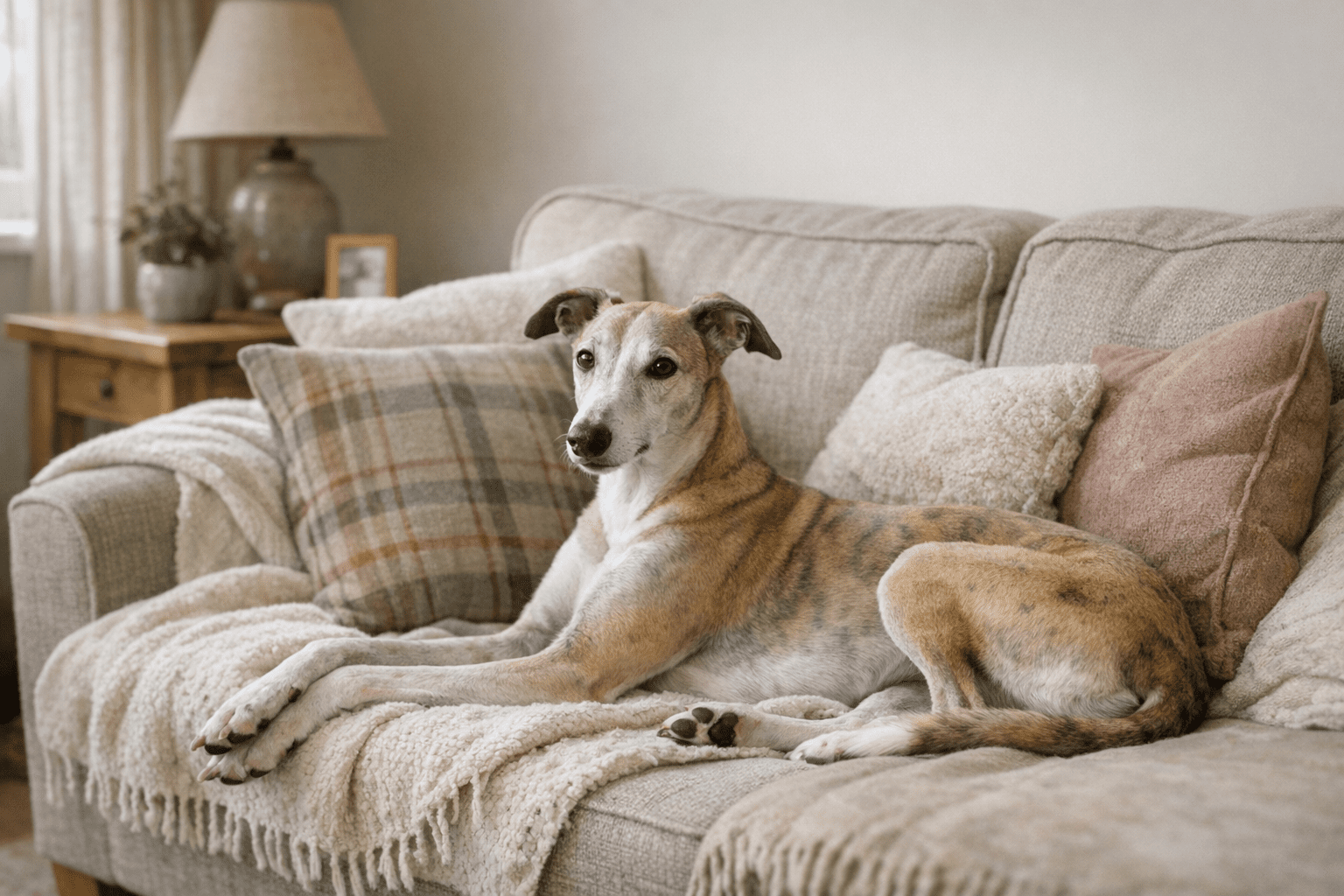 Greyhound resting calmly on sofa in UK home