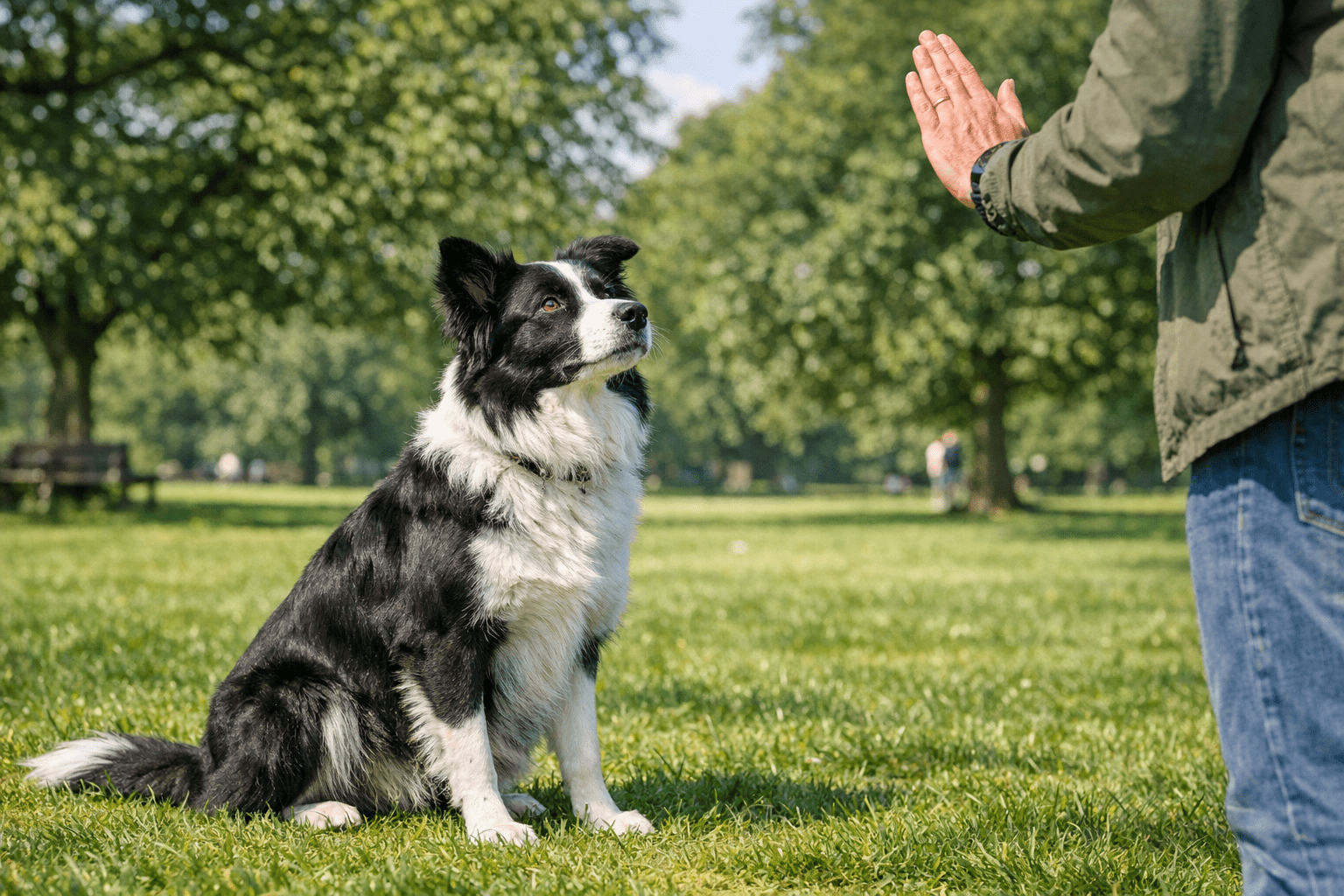 Border Collie following training command outdoors