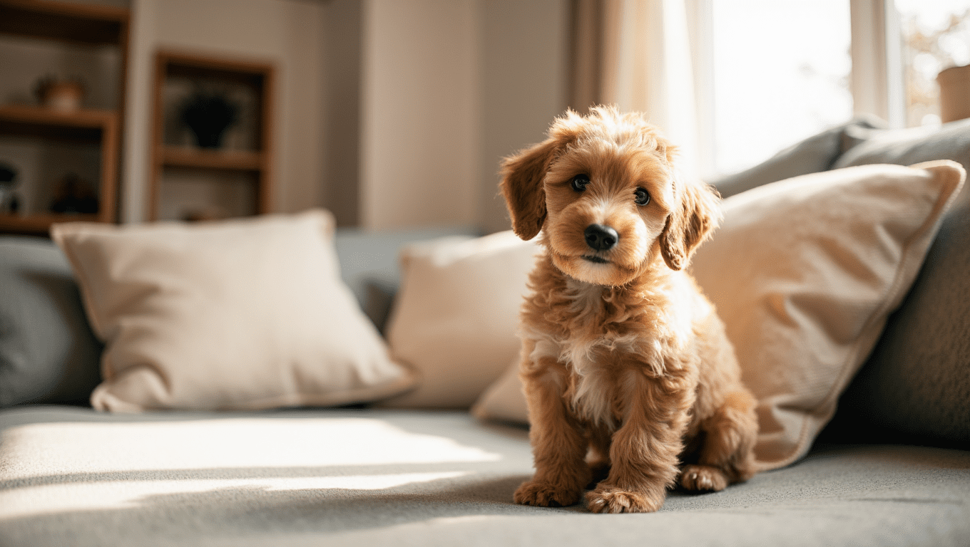 Curly cockapoo relaxing indoors low shedding dog