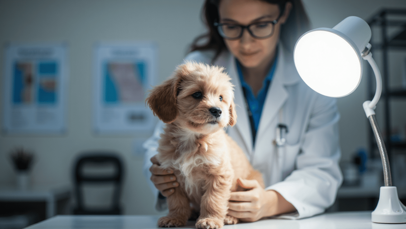 Cute Cockapoo puppy wearing a protective harness outdoors