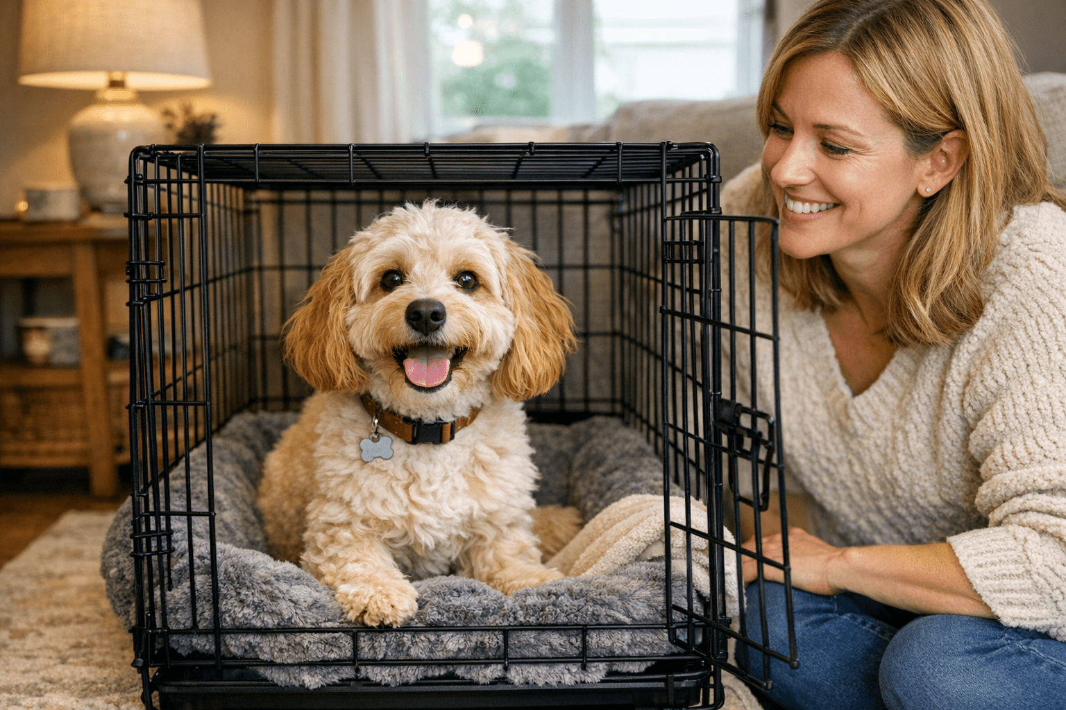 Cockapoo sitting comfortably inside proper crate size