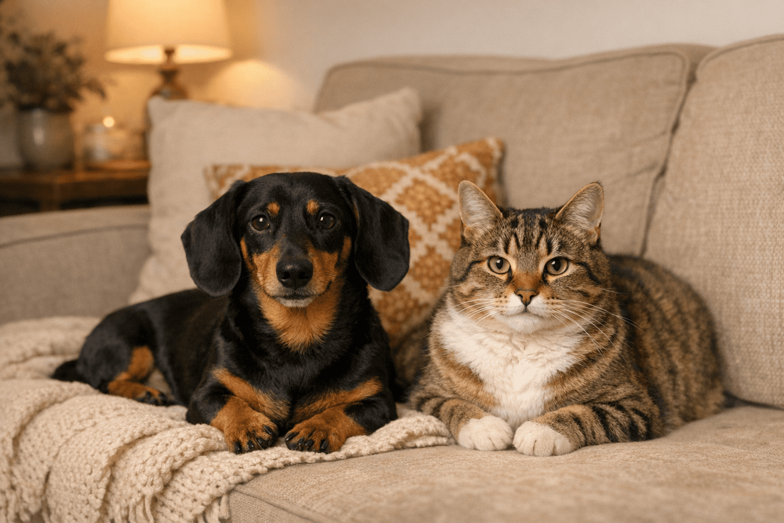 Dachshund and cat sitting calmly together indoors