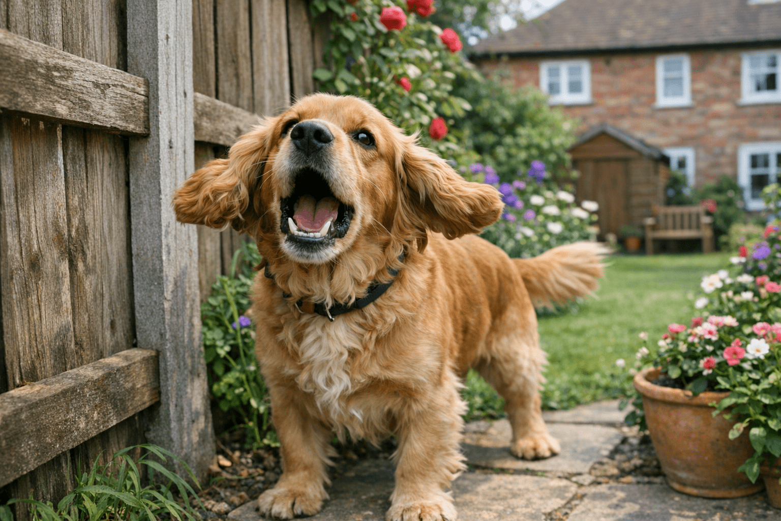 Cocker Spaniel barking alert in home garden