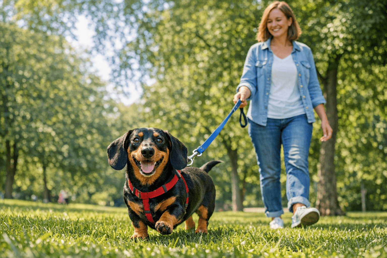 Dachshund walking happily on a leash in park