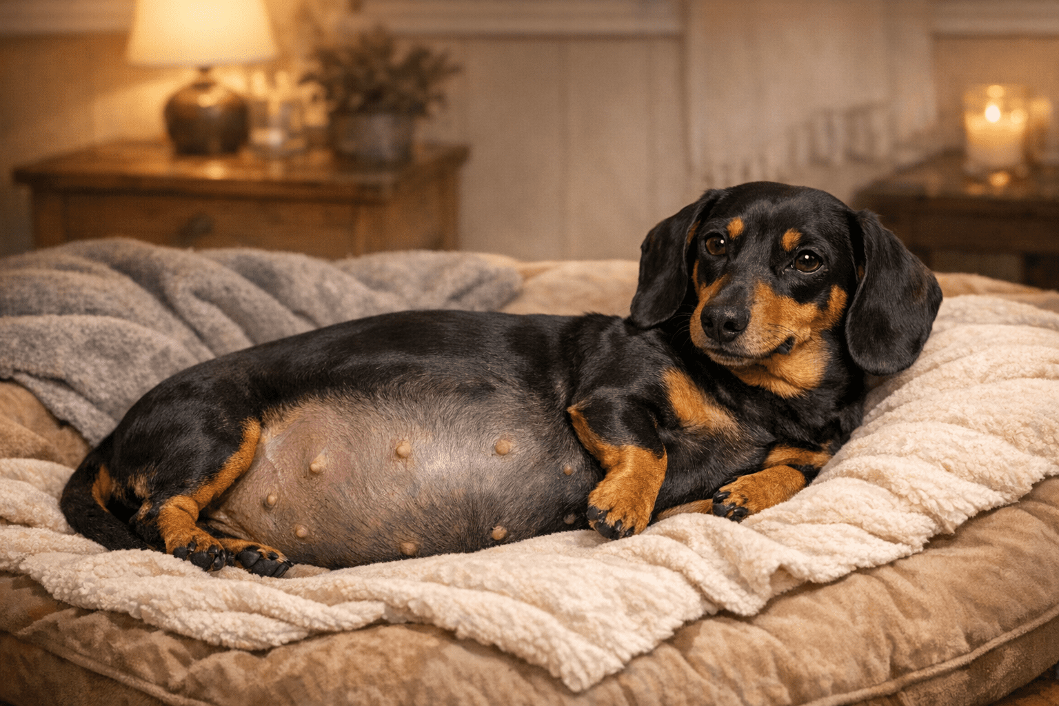 Pregnant dachshund resting comfortably at home