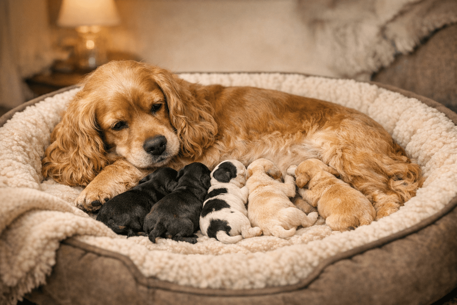 Cocker Spaniel mother with newborn puppy litter