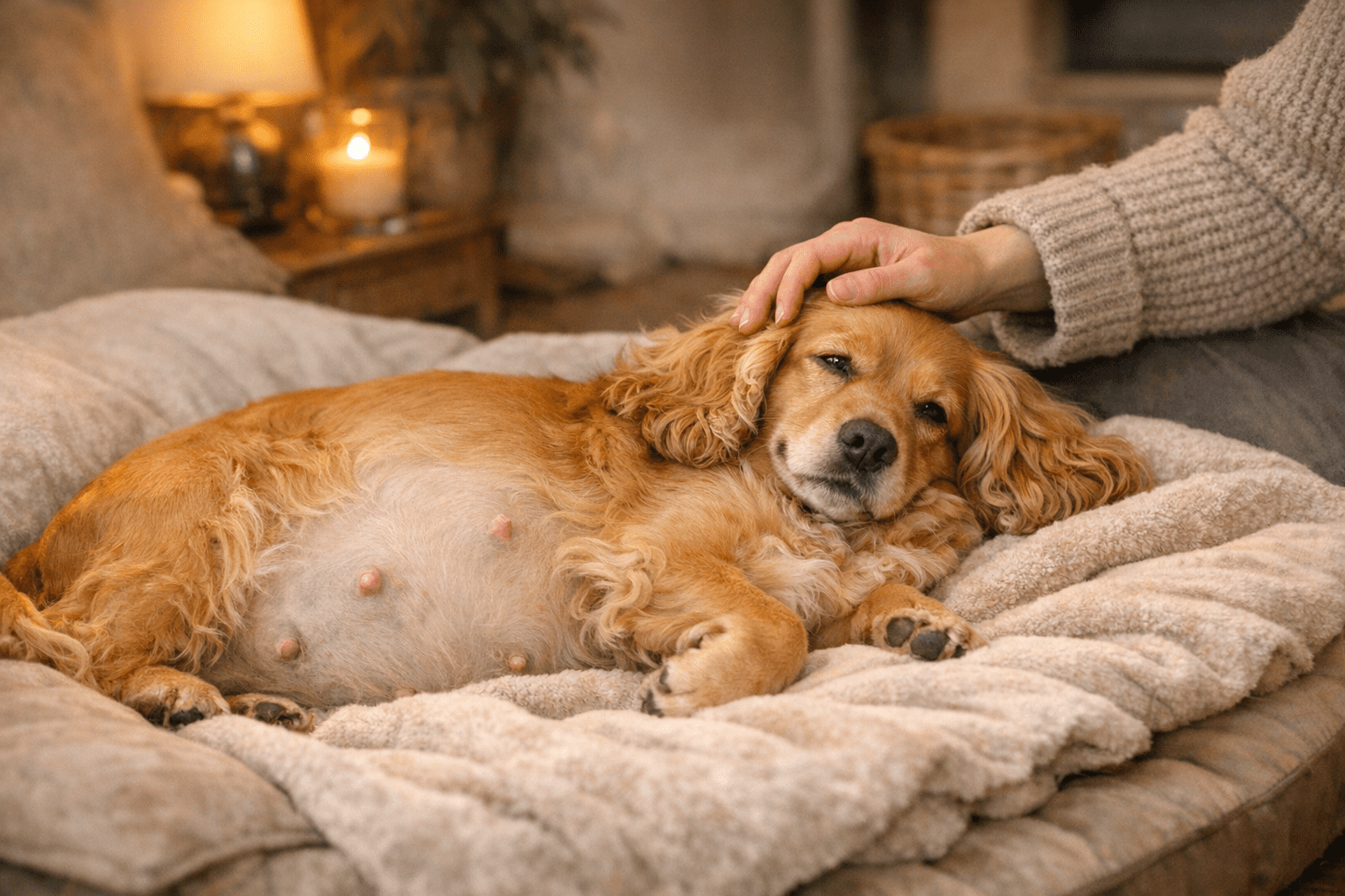 Pregnant cocker spaniel resting comfortably indoors