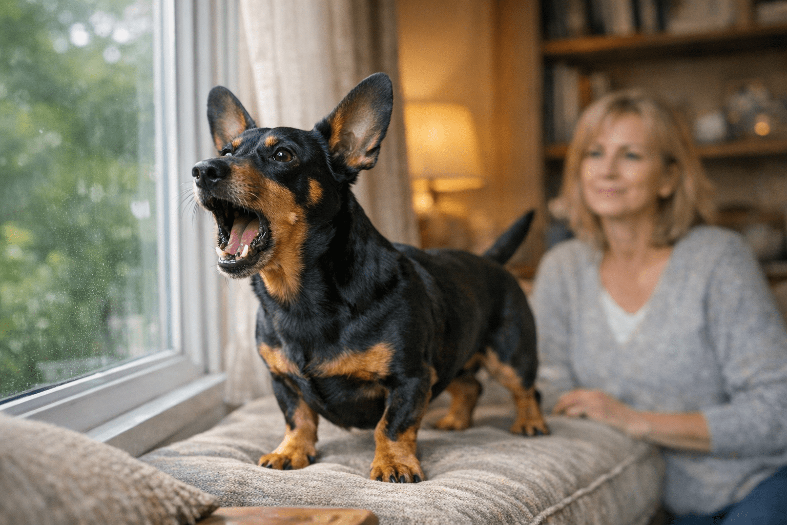 Dachshund barking alert near window at home