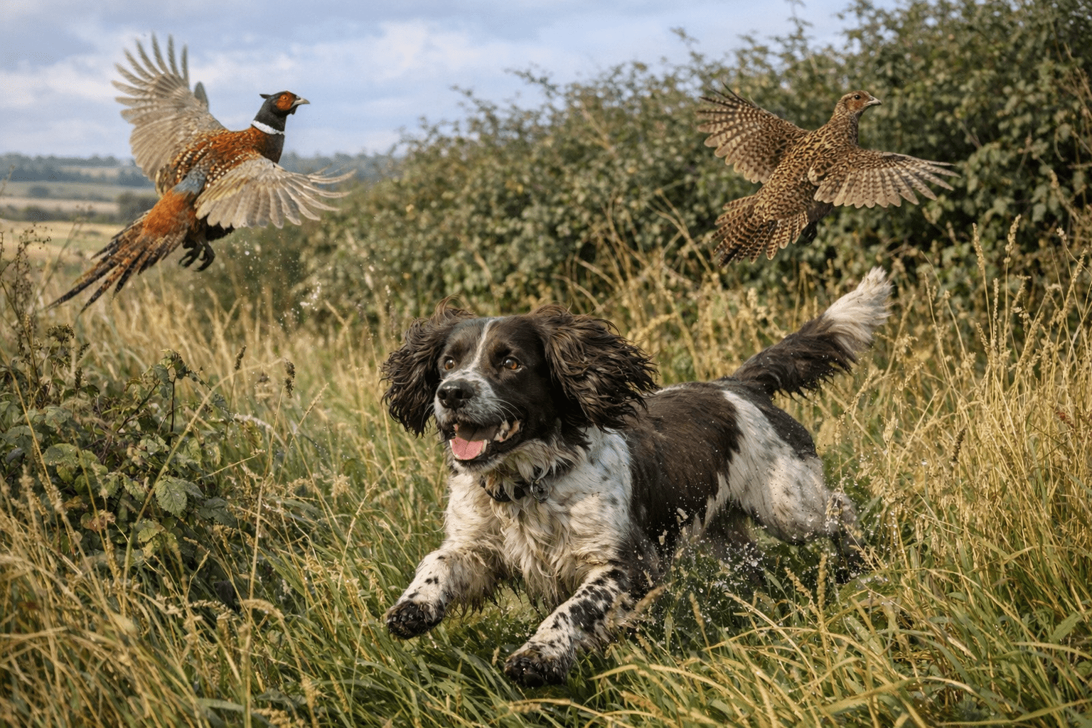 Working Cocker Spaniel hunting in UK countryside