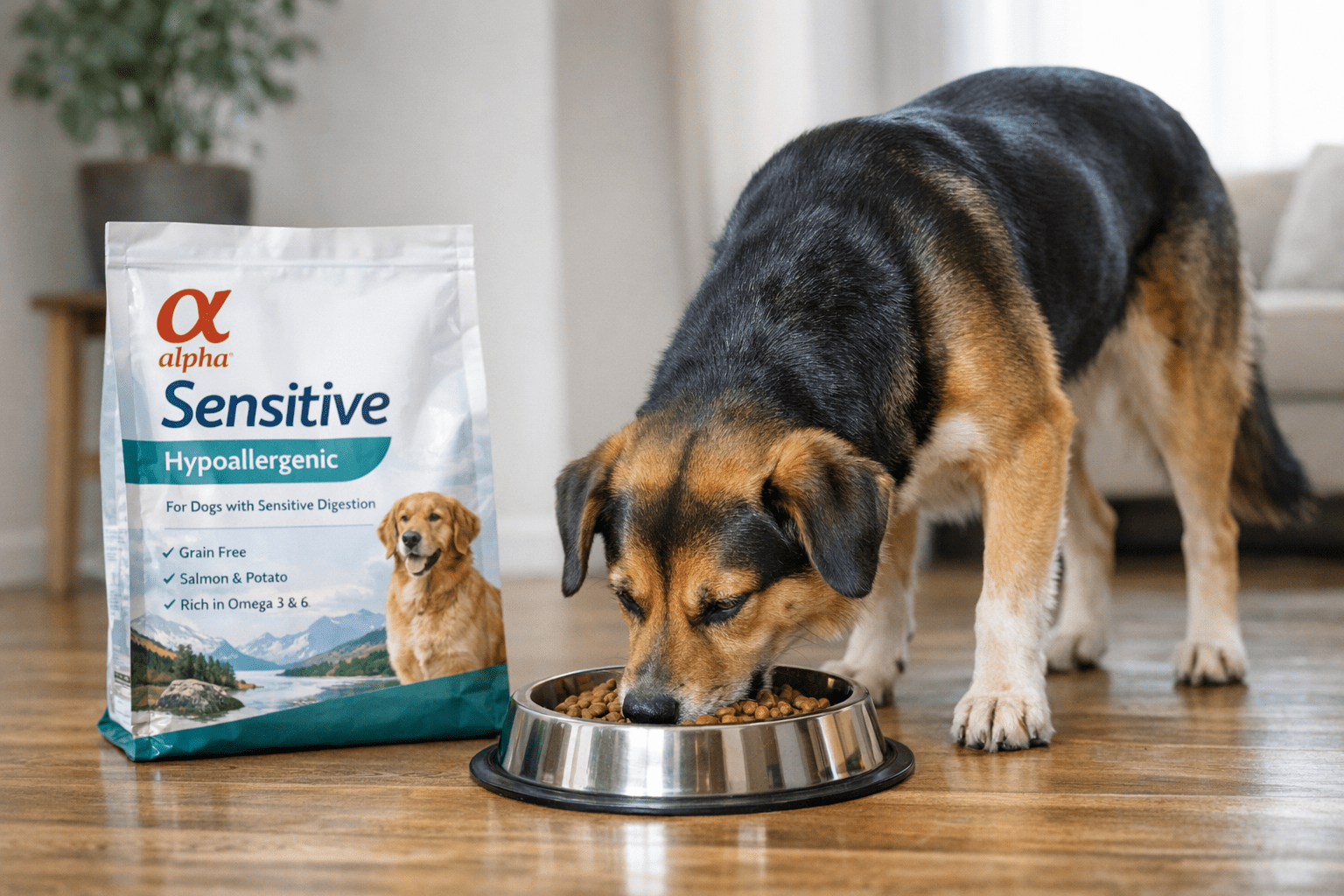 Dog eating hypoallergenic chicken rice dry food
