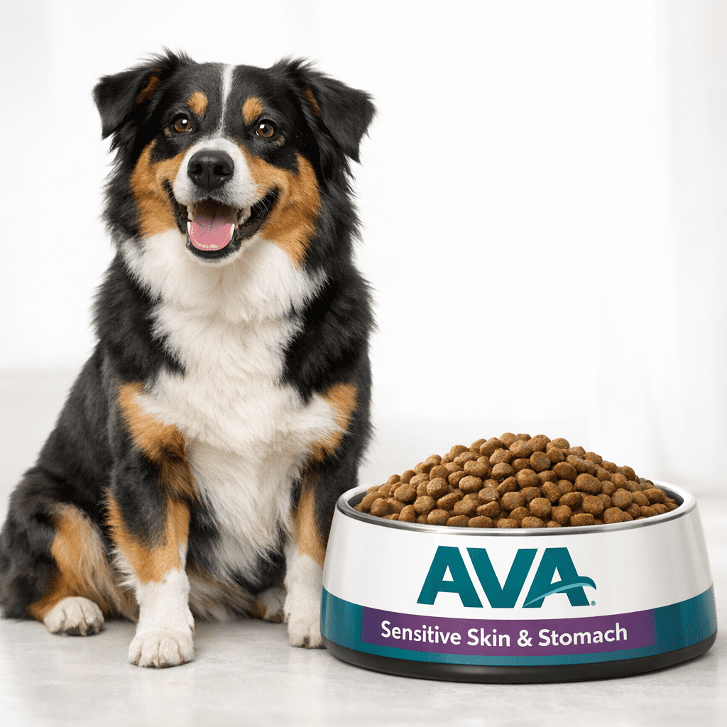 Dog with shiny coat eating sensitive stomach dog food