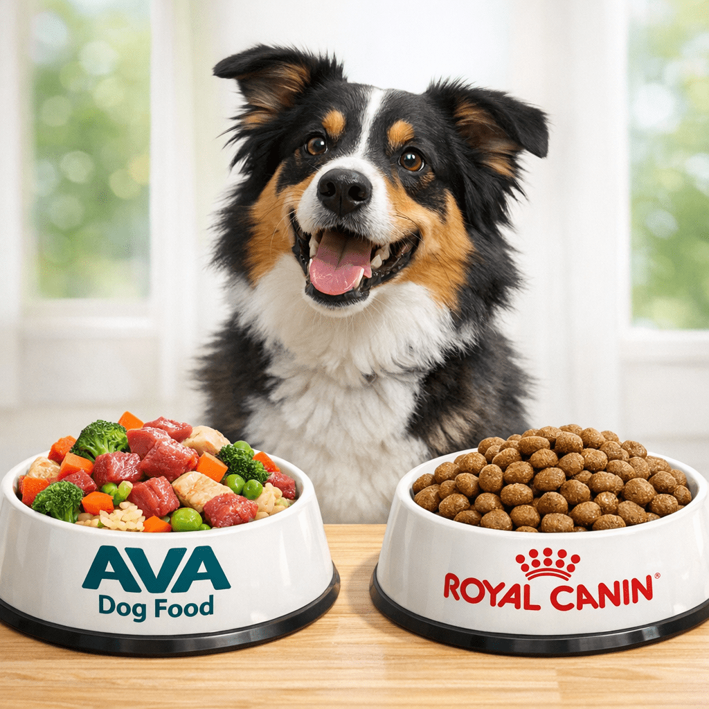 Dog choosing between AVA dog food and Royal Canin