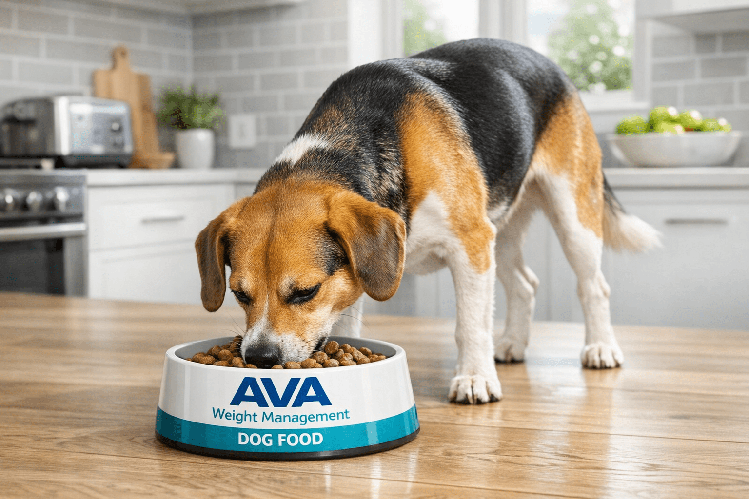 Dog eating Ava weight management dog food meal