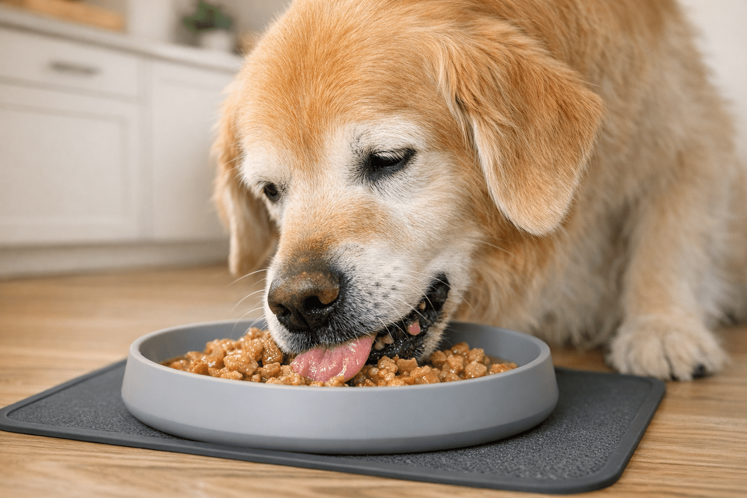 Senior golden retriever eating from soft shallow dog bowl for toothless