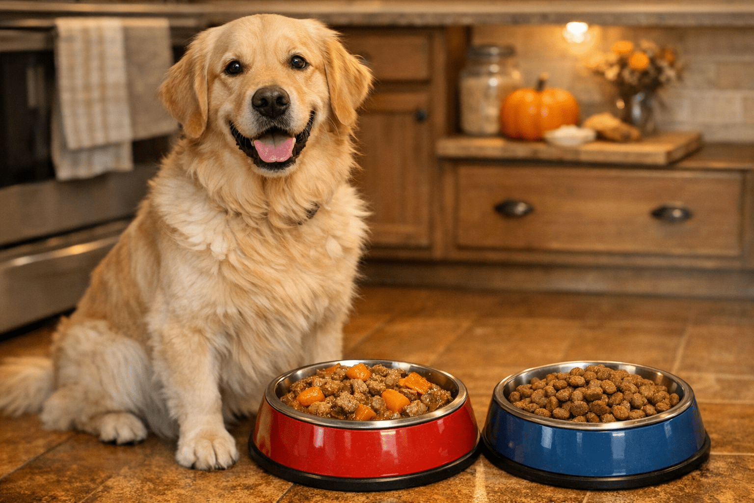 Golden retriever beside dog food bowls for anal gland health
