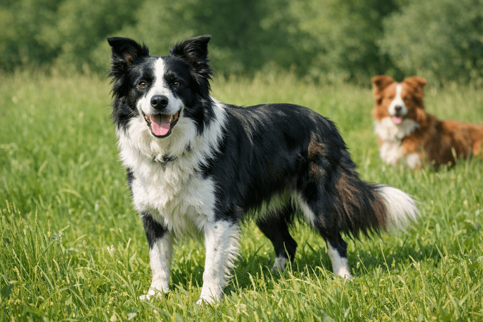 Border Collie dog standing alert in green field