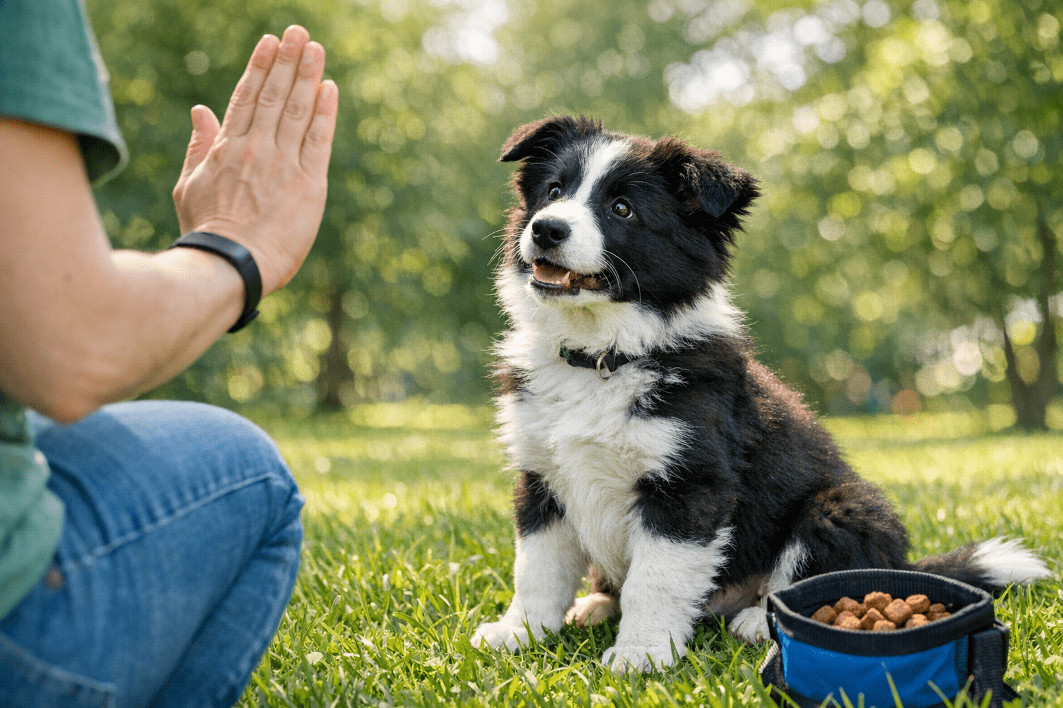 Border Collie puppy training with owner outdoors