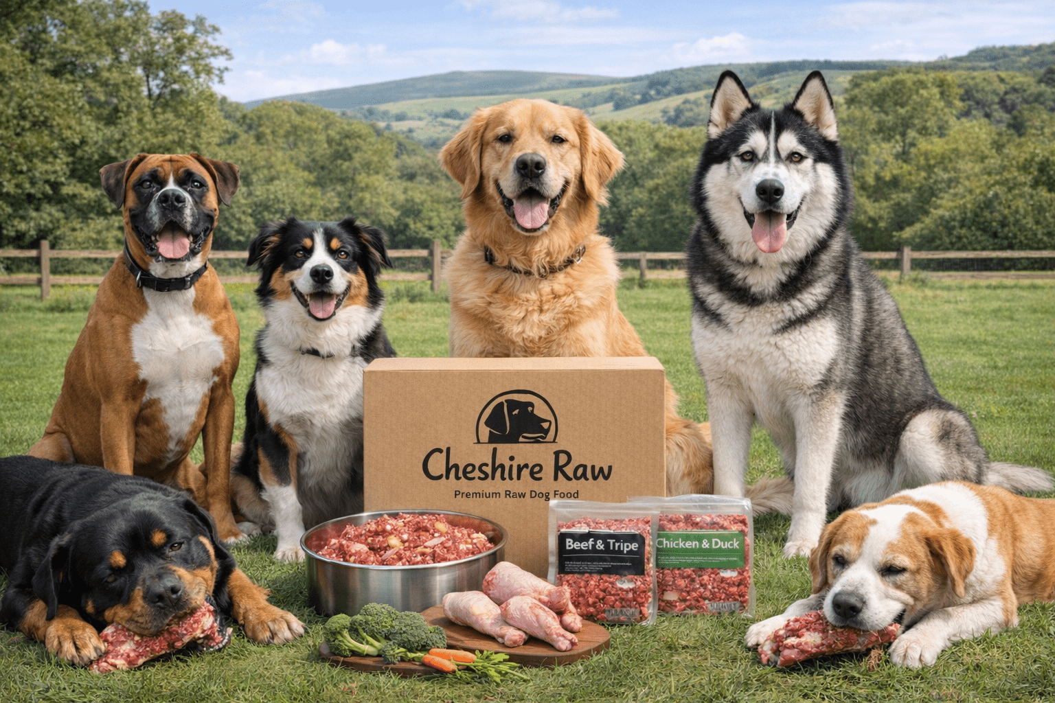 A dog sitting beside a bowl of cheshire raw dog food in a clean kitchen, with organised frozen food containers on a countertop, showing a simple and hygienic raw feeding setup.
