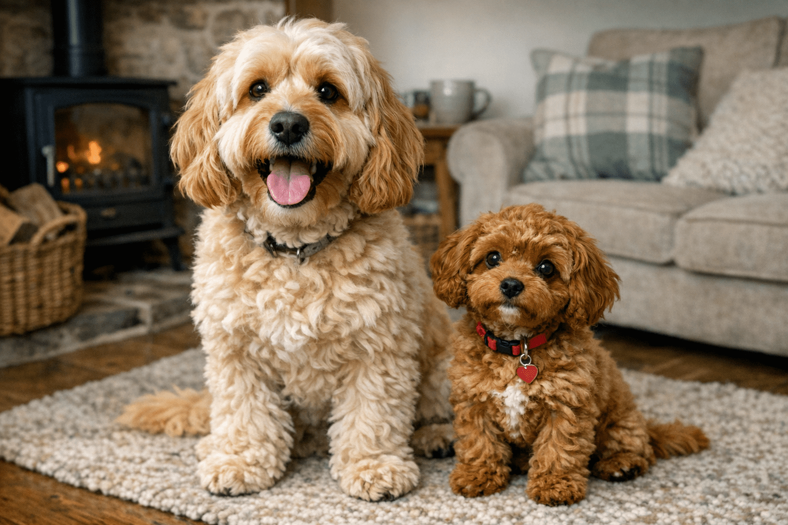 Cockapoo and Cavapoo sitting together indoors