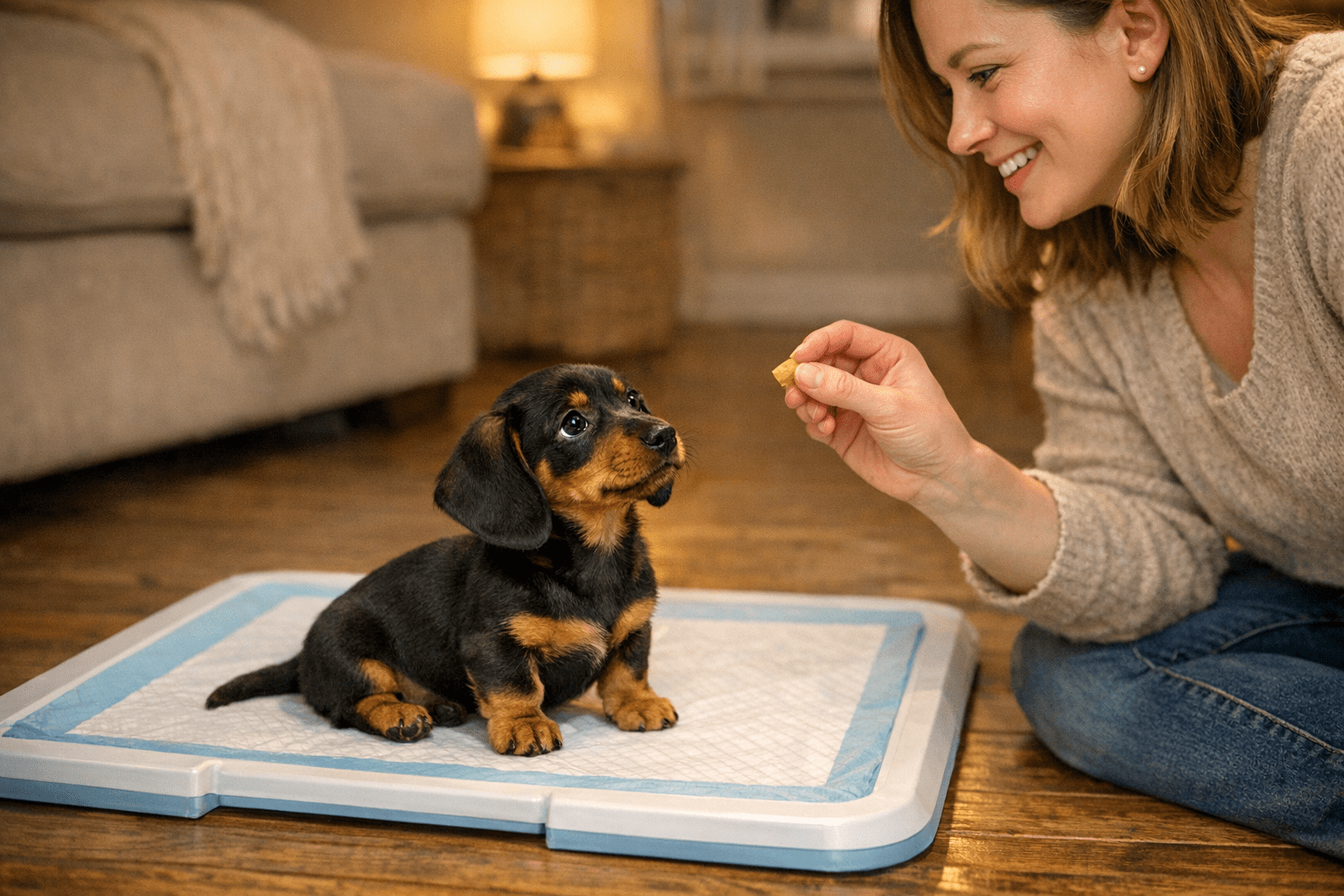 Dachshund puppy learning potty training with owner
