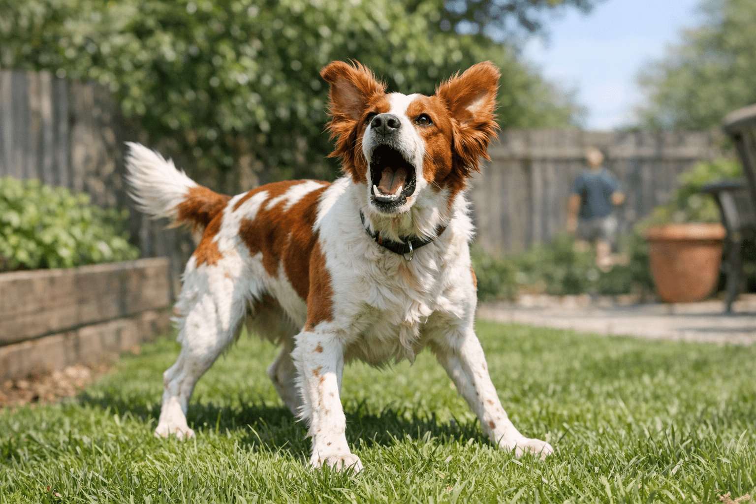 Brittany Spaniel barking alert in backyard scene