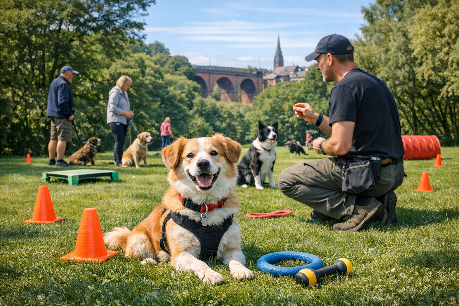 Dog training Stockport class with trainer and dogs