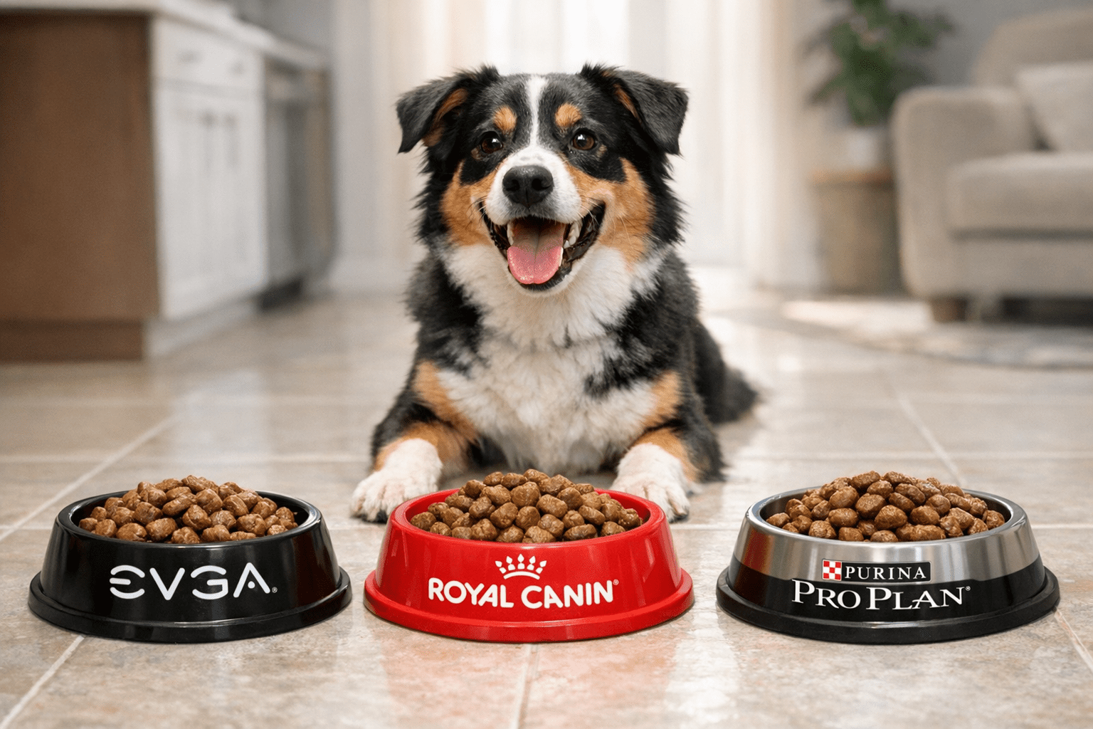 Dog choosing between Evga Royal Canin Purina food