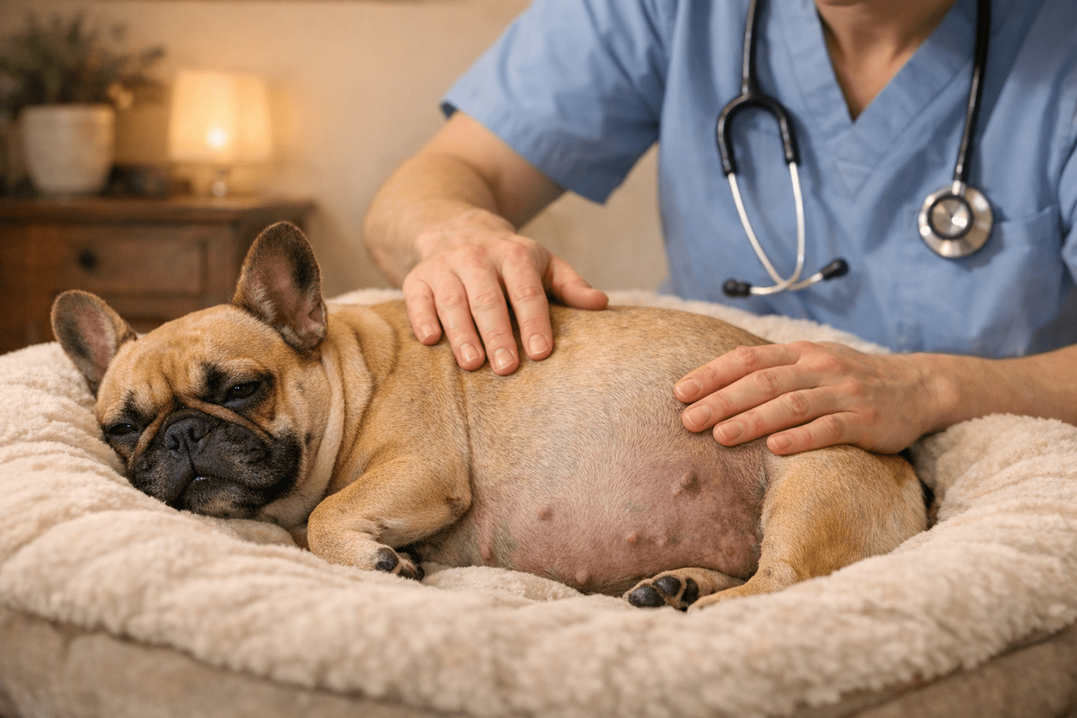 Pregnant French Bulldog with vet preparing care