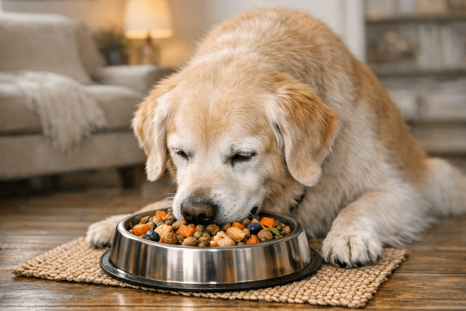 Good senior dog food healthy older dog eating meal