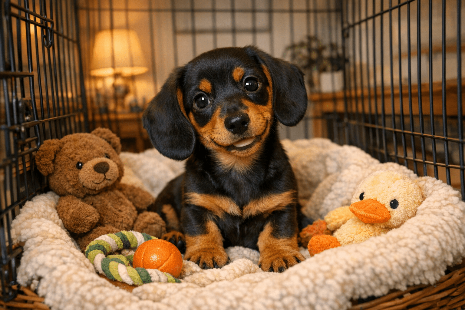 Dachshund puppy relaxing inside cosy training crate