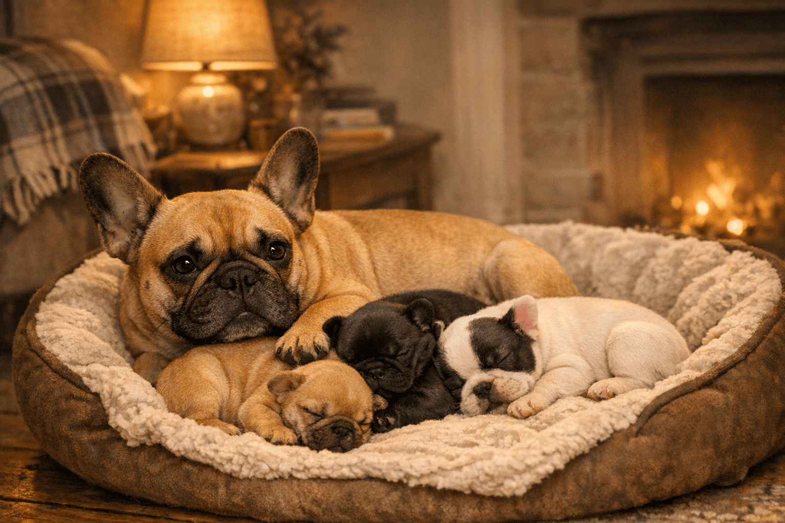 French Bulldog with puppies resting together