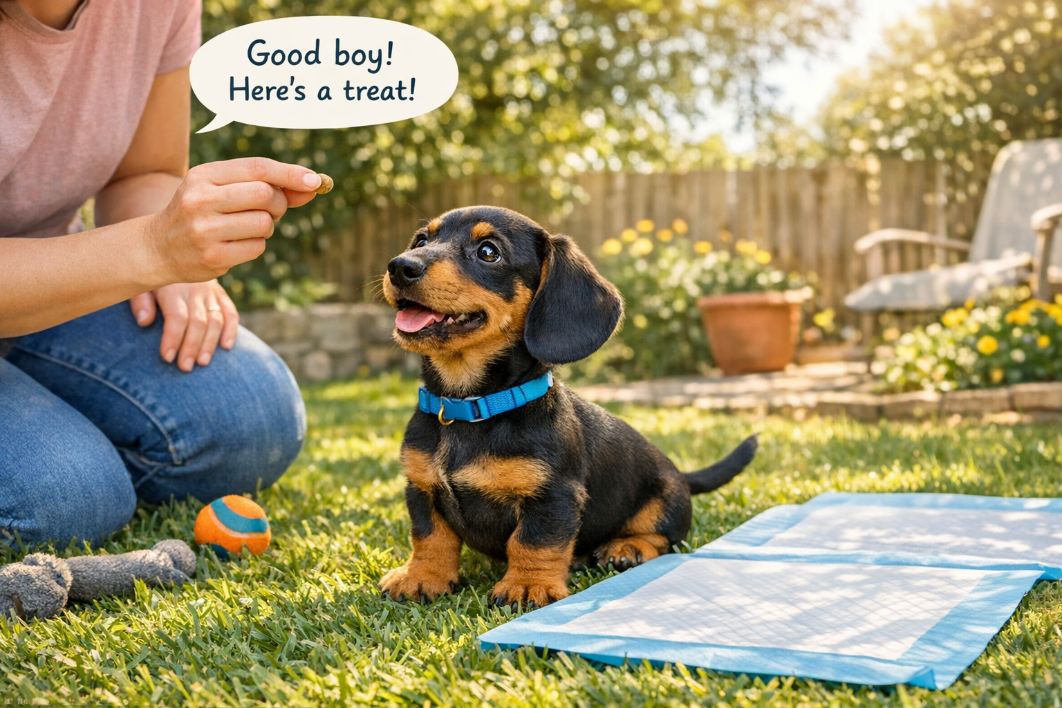 Dachshund puppy learning potty training outdoors