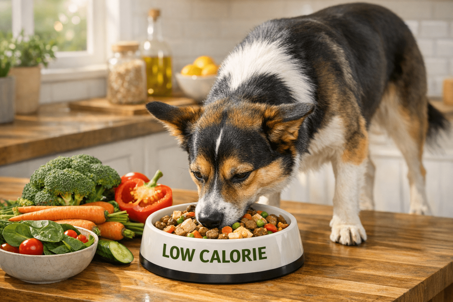 Low calorie dog food healthy dog eating meal
