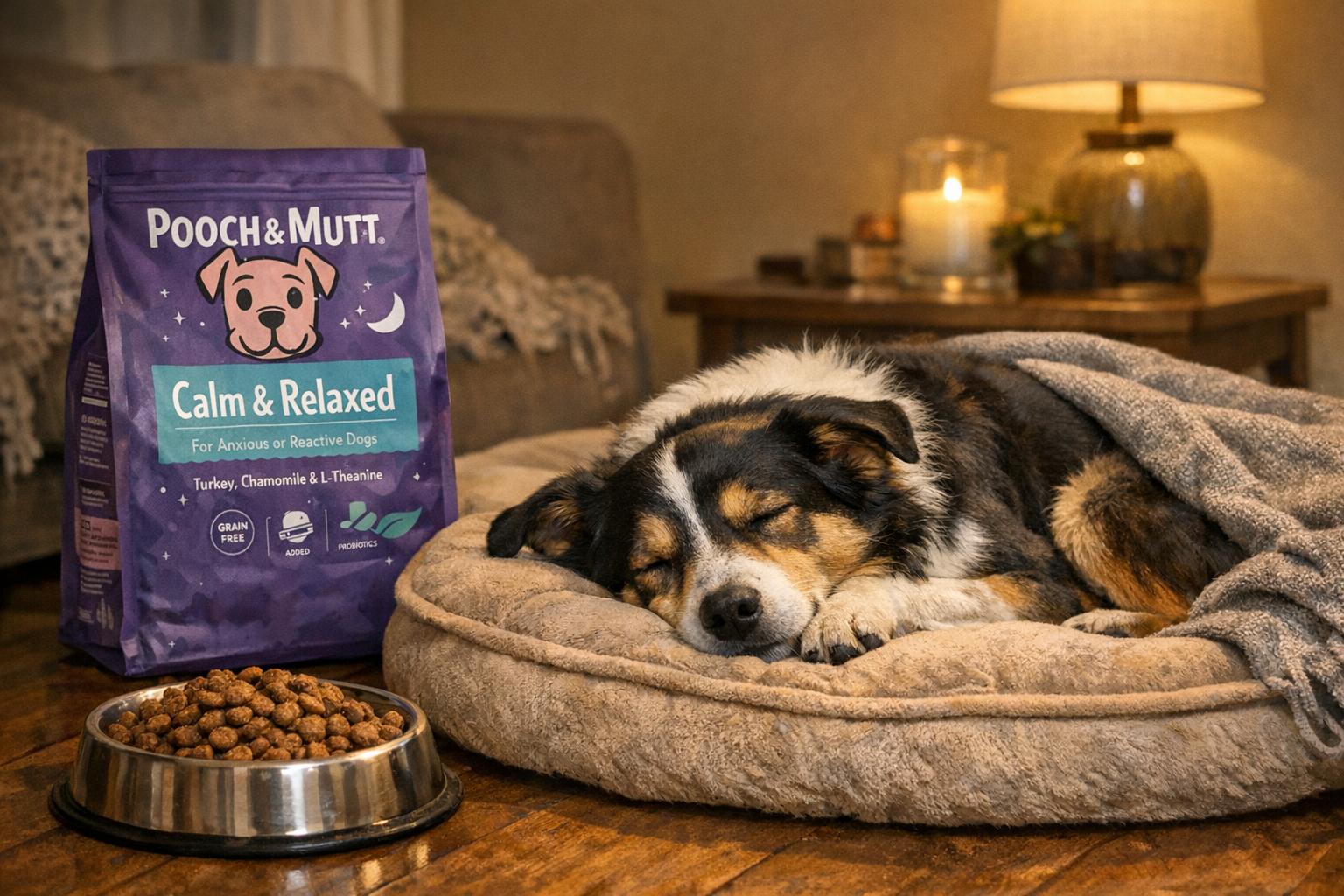 Calm dog resting after eating relaxed dog food