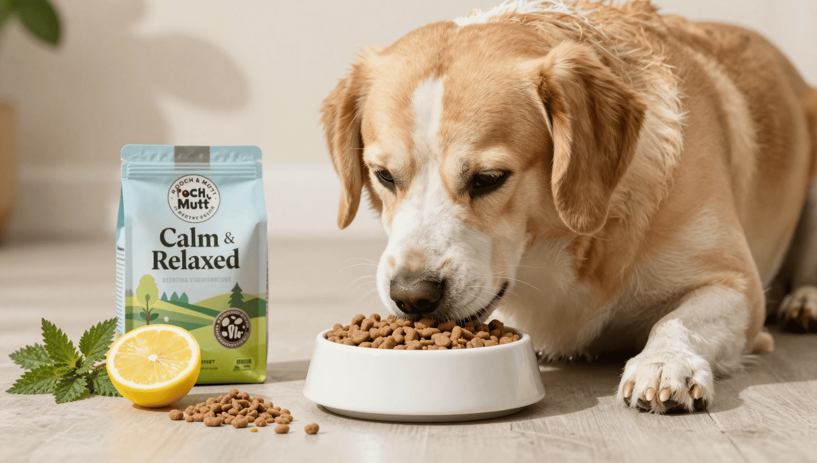 Pooch & Mutt Calm & Relaxed dog food in a bowl ready to serve.