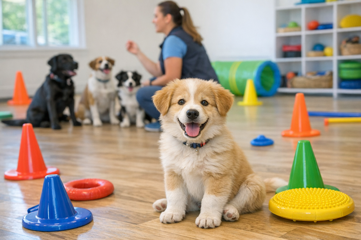 Puppy training class with trainer and happy dogs