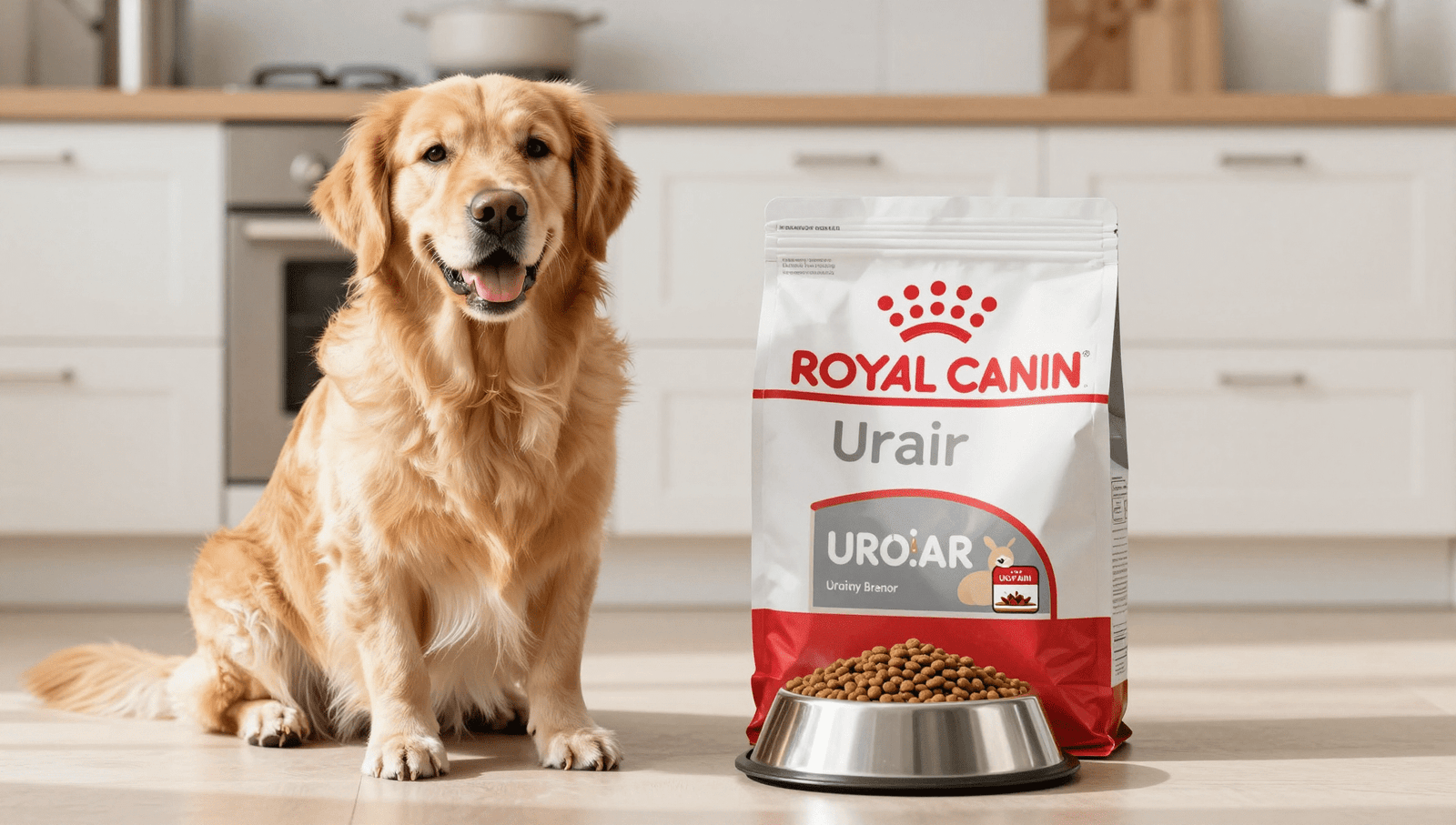 Healthy Golden Retriever beside Royal Canin Urinary Dog Food bowl