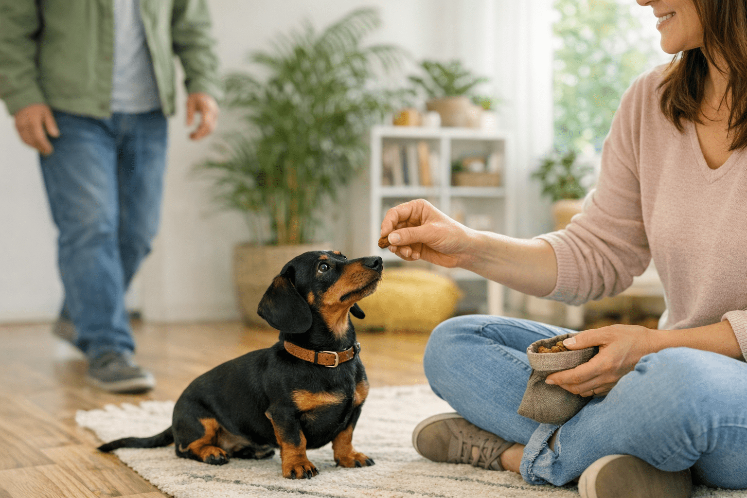 Dachshund calm around stranger during training