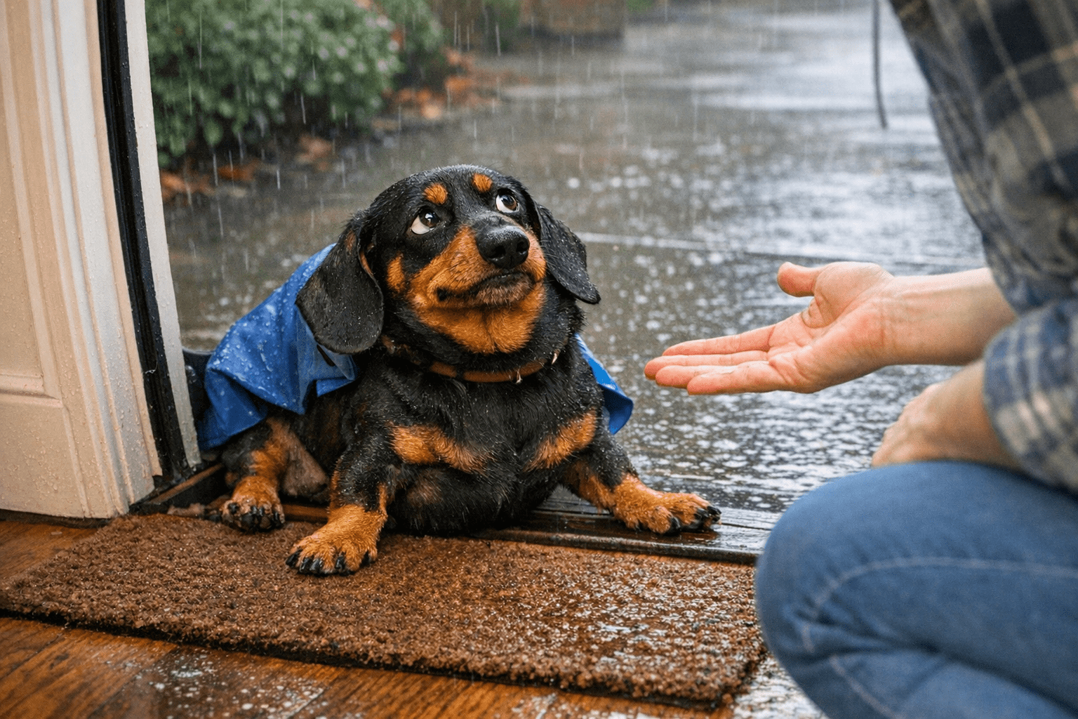 Dachshund refusing to go outside in rainy weather