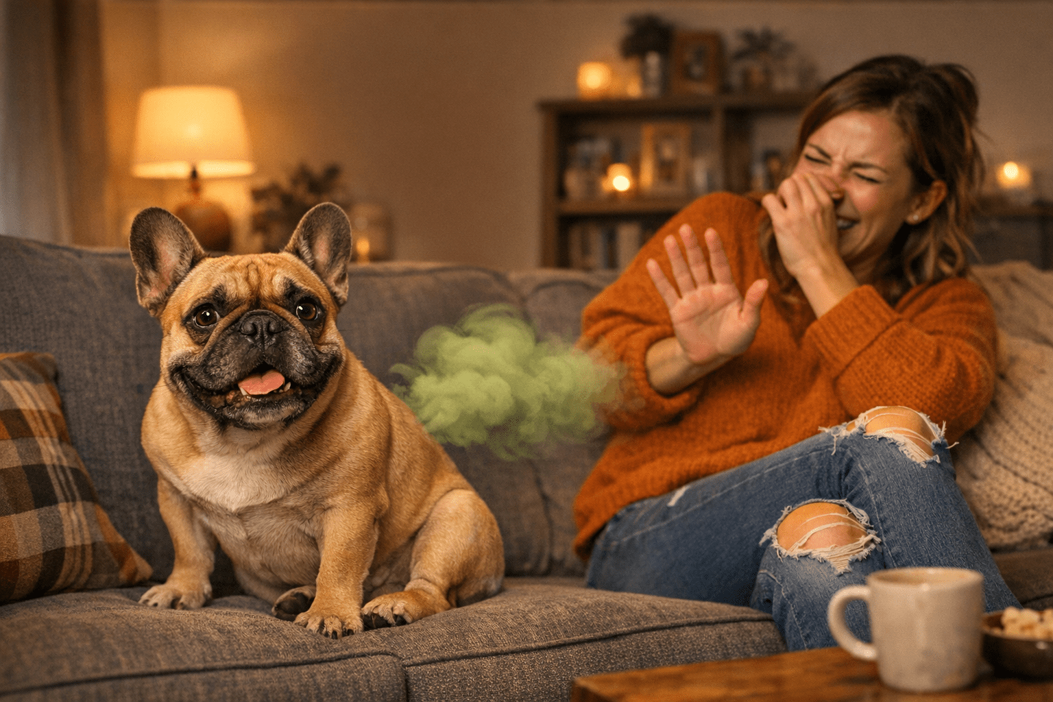 French Bulldog making funny face after farting